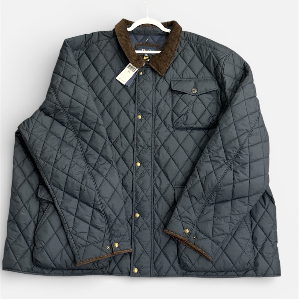 Ralph Lauren Men's Dark Blue Quilted Jacket with Brown Accents